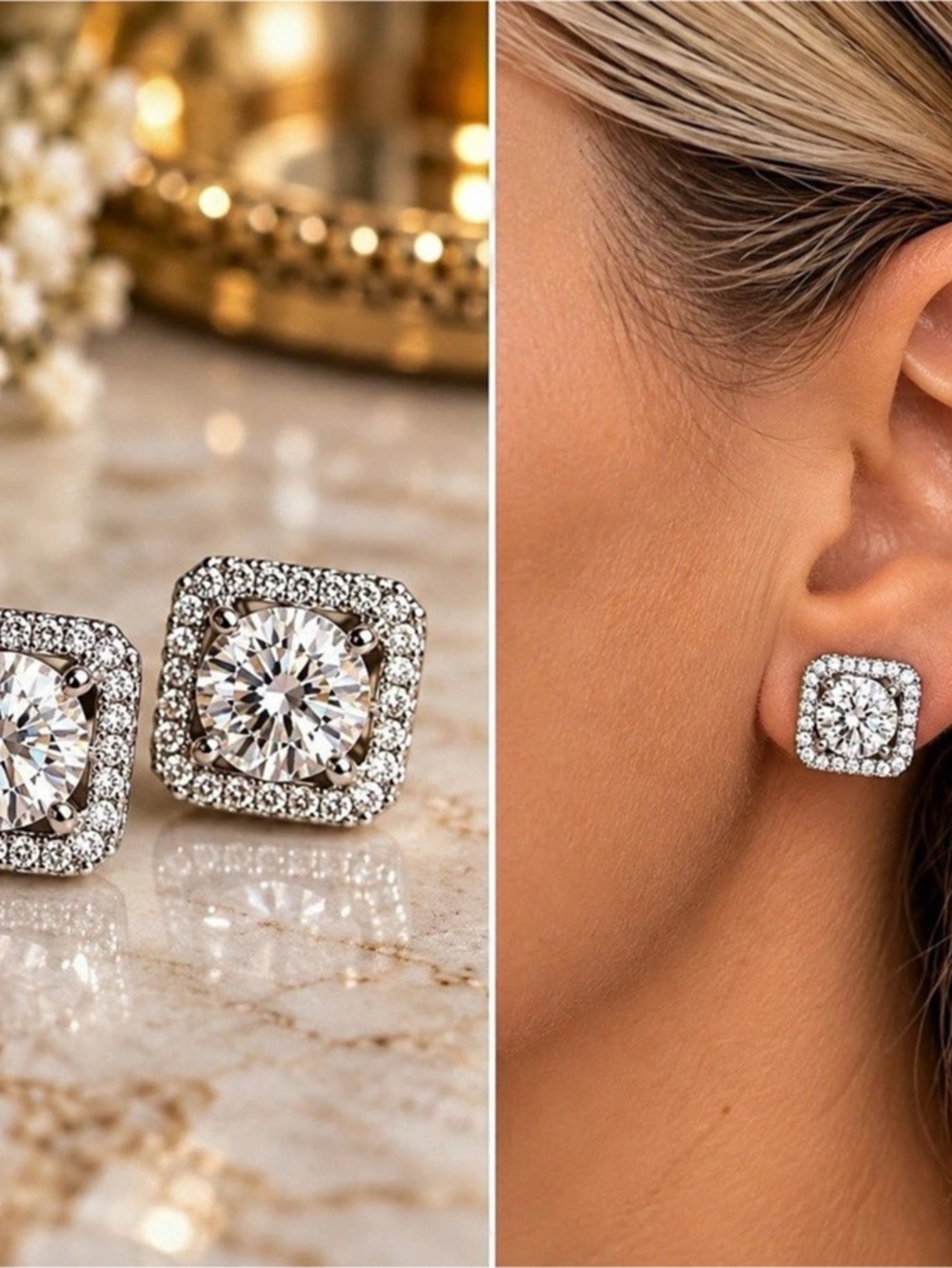 Moissanite 2ct Halo Stud Earrings in Gold & White NWT